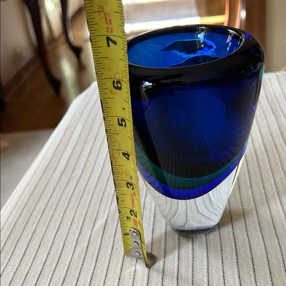 Crate and Barrel Camden Tri Color Clear, Blue and Green Glass Vase.